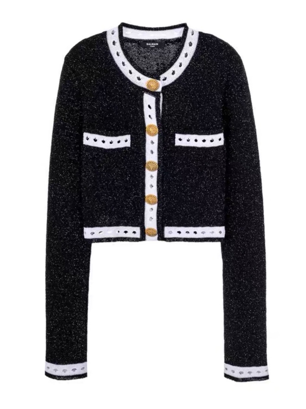 Balmain Black & White Sparkle Cropped Tweed Jacket